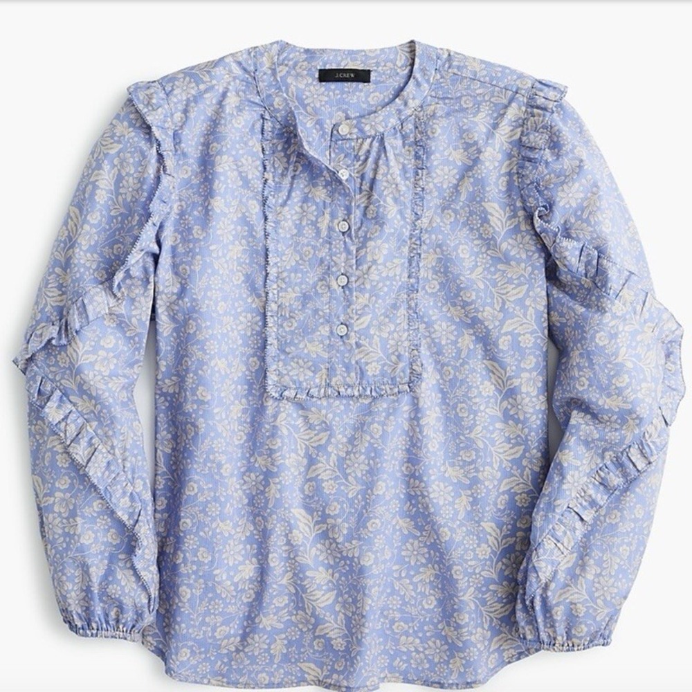 J Crew Cotton Floral Long Sleeve Popover Top Size XL Ruffle Boho Cottage Peasant